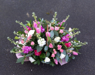 Delicate Dream - A beautifully arranged basket display featuring soft pink, white, and vibrant berry tones blended with fresh seasonal foliage and delicate textures. Designed with elegance and charm, this arrangement makes a thoughtful gift for birthdays, celebrations, thank you gestures, or simply brightening someone’s day.